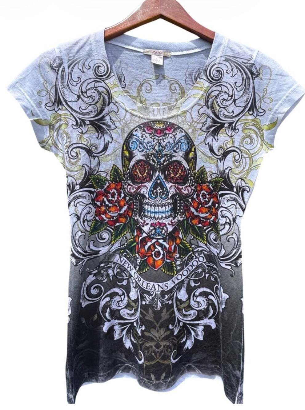 Rosio New Orleans Voodoo Sugar Skull Rhinestone Graphic T-Shirt
